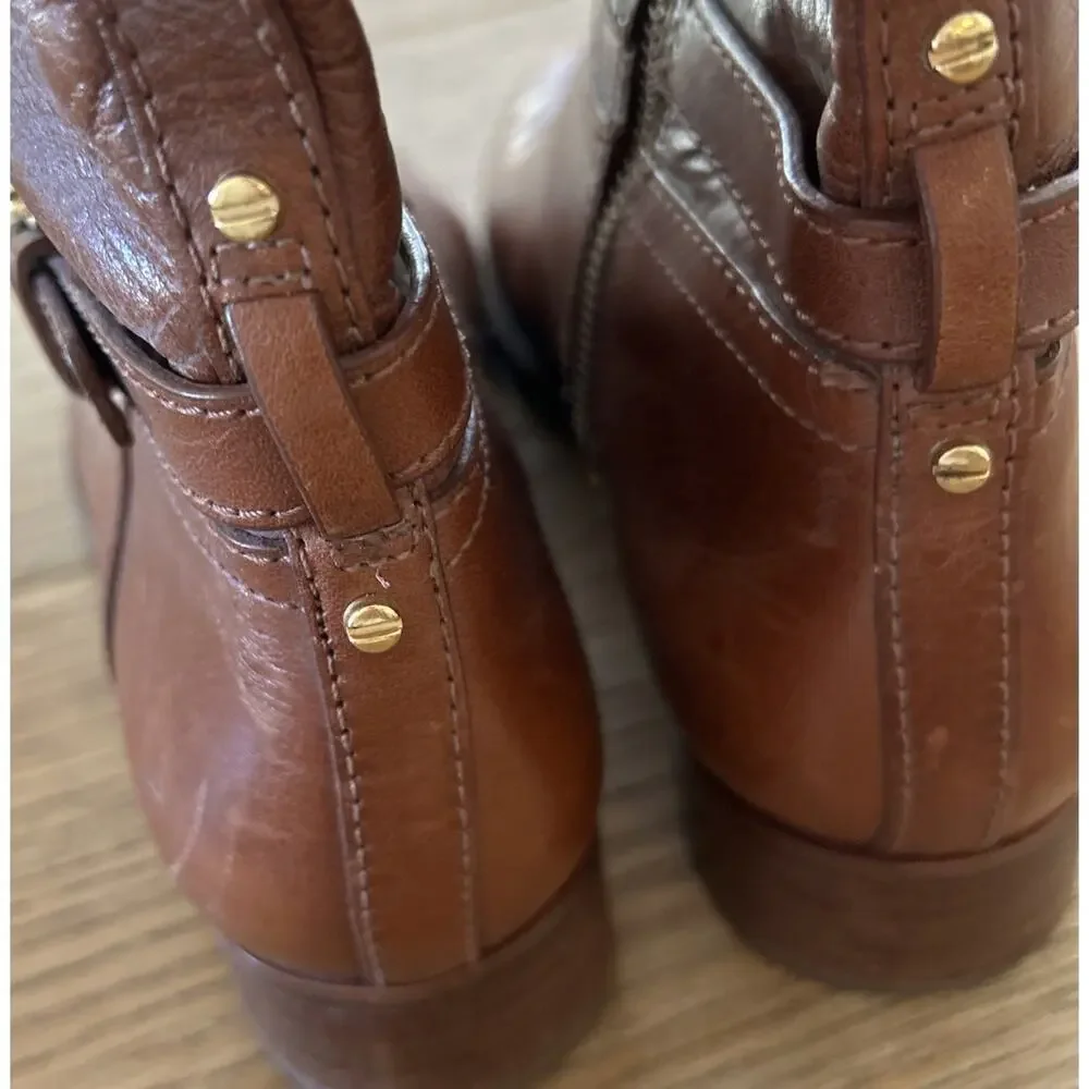 Tory Burch Sienna Brita Tall Riding Boots 8 Brown Equestrian Classic Logo Gold
